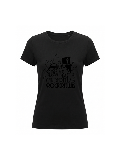 Women's Cinderellas Rockerfellas Nightclub black graphic tee on organic cotton | Vinyl Coffee UK