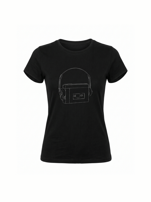 Women's 1980's Personal Cassette Player black graphic tee on organic cotton | Vinyl Coffee UK