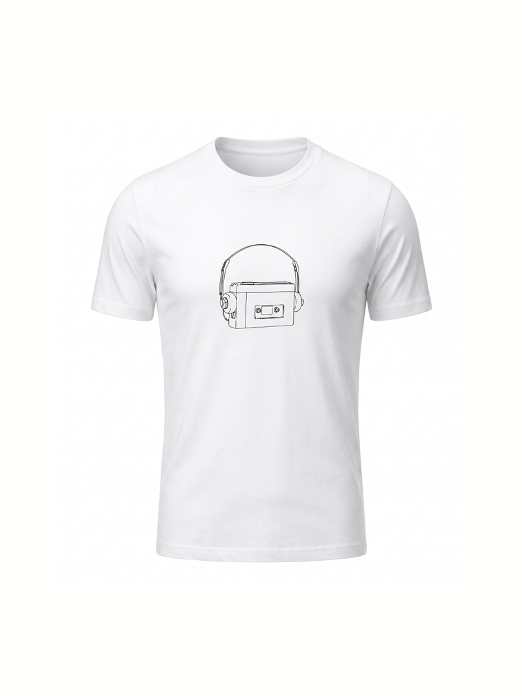 Unisex 1980's Personal Cassette Player white graphic tee on organic cotton | Vinyl Coffee UK