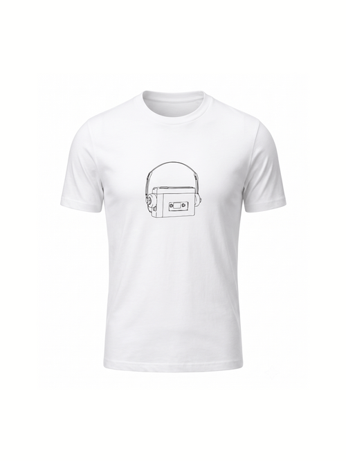 Unisex 1980's Personal Cassette Player white graphic tee on organic cotton | Vinyl Coffee UK
