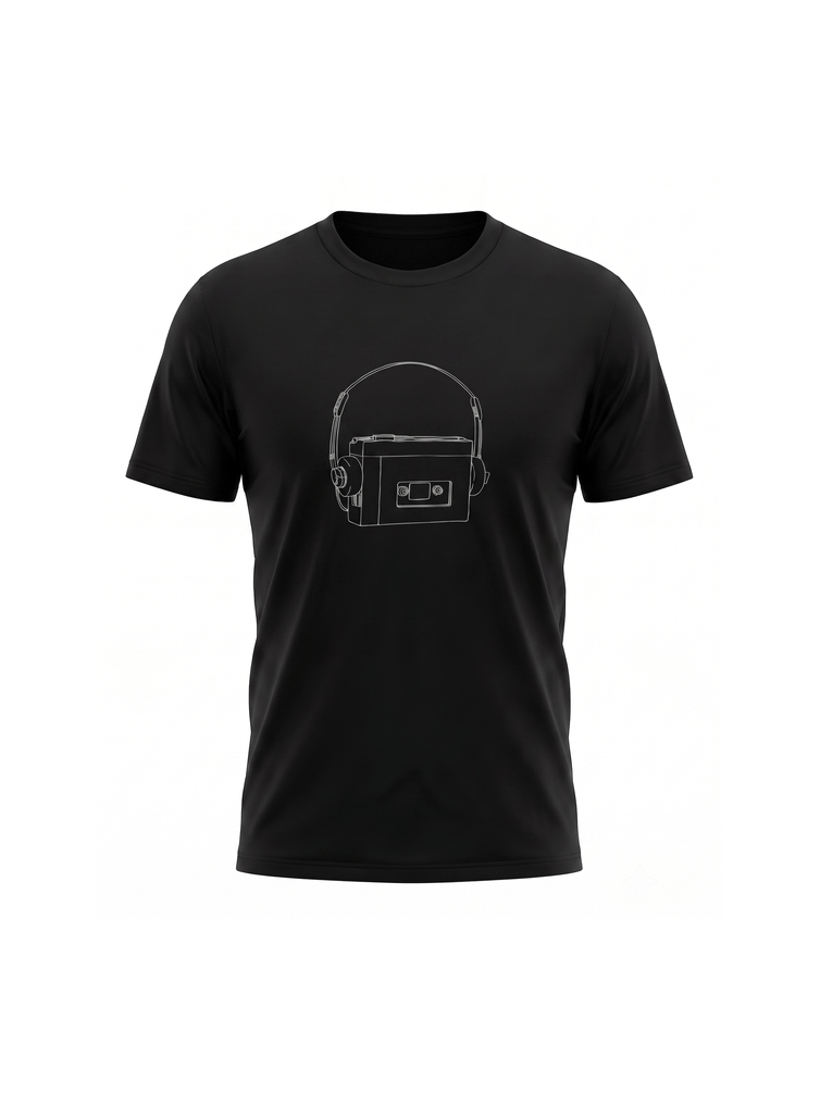 Unisex 1980's Personal Cassette Player black graphic tee on organic cotton | Vinyl Coffee UK