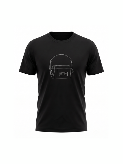 Unisex 1980's Personal Cassette Player black graphic tee on organic cotton | Vinyl Coffee UK
