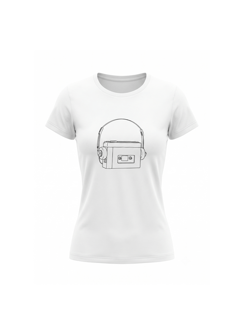 Women's 1980's Personal Cassette Player white graphic tee on organic cotton | Vinyl Coffee UK