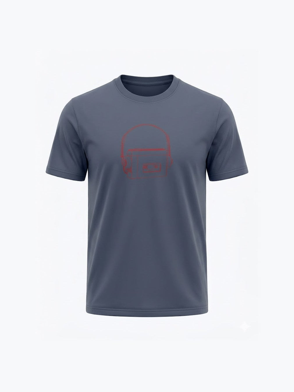 Dark gray organic cotton t-shirt featuring a subtle red outline of vintage personal stereo headphones, perfect for music lovers seeking eco-friendly apparel.