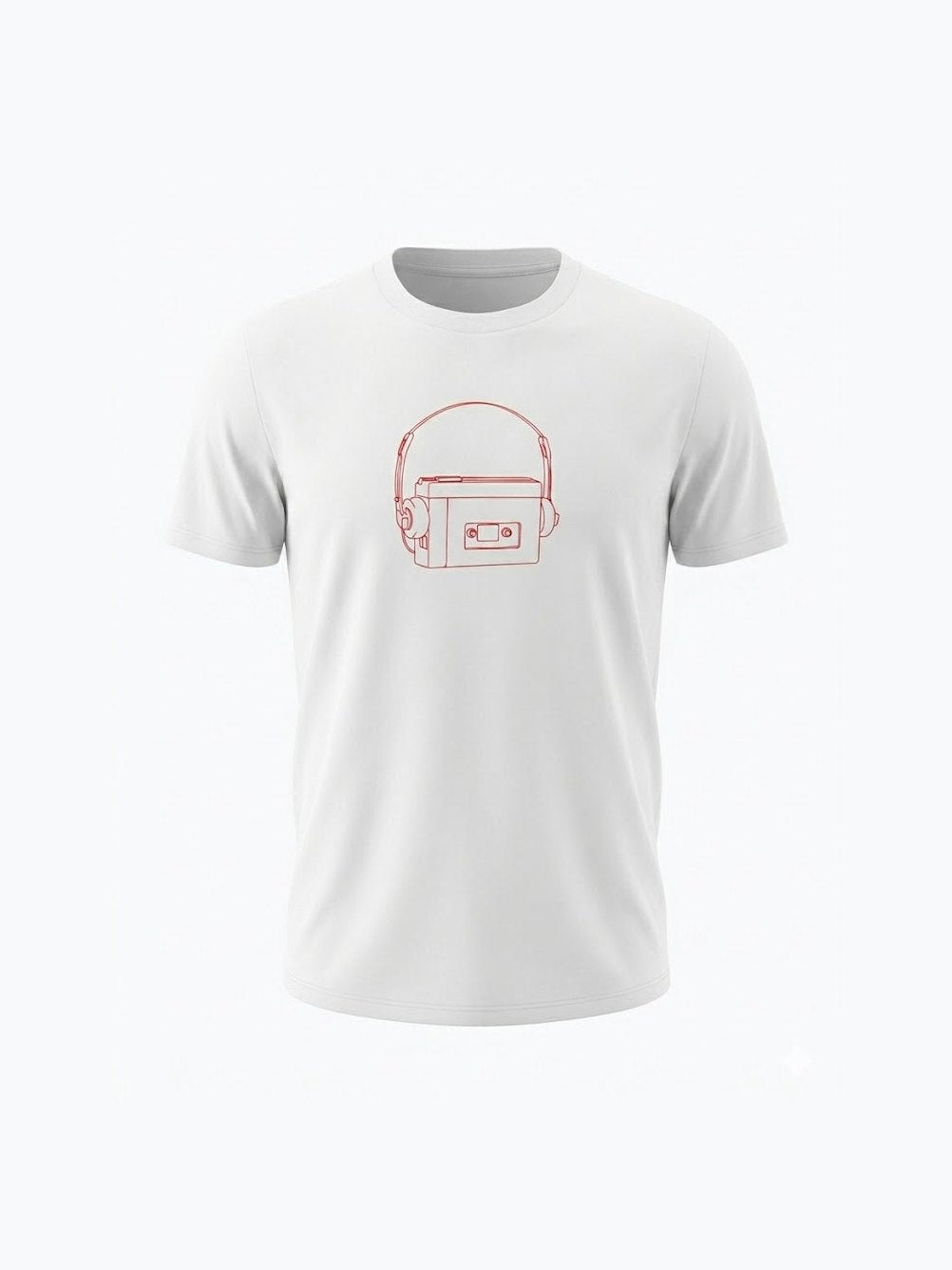 White organic cotton t-shirt featuring a minimalist red line drawing of a vintage personal stereo with headphones, perfect for music and retro t-shirt fans.