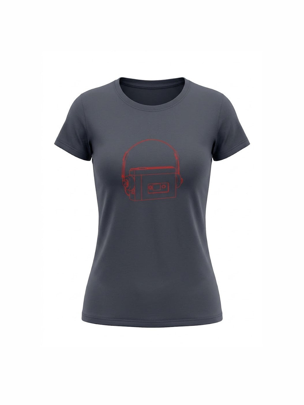 Dark gray organic cotton t-shirt featuring a minimalist red line drawing of a retro personal stereo with headphones, perfect for music lovers and vinyl fans.
