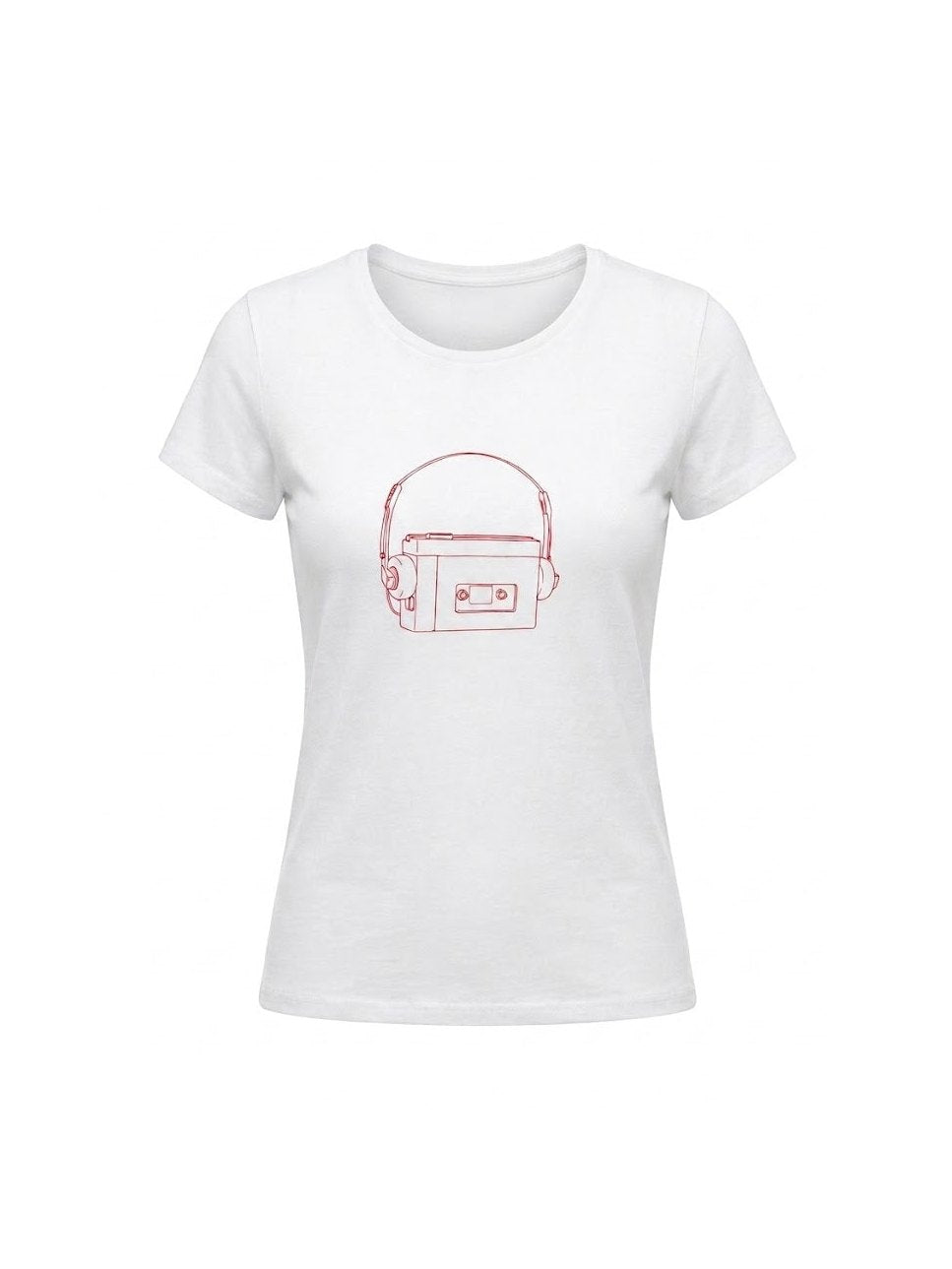 White organic cotton t-shirt featuring a simple line drawing of a vintage personal stereo with headphones, perfect for music enthusiasts and lovers of retro style.