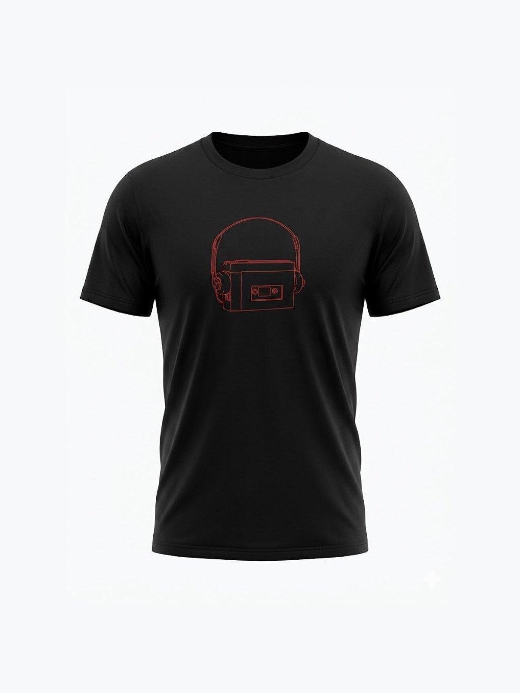 Black organic cotton t-shirt featuring a minimalist red outline of a retro personal stereo with headphones, perfect for music and retro t-shirt fans.