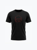 Black organic cotton t-shirt featuring a minimalist red outline of a retro personal stereo with headphones, perfect for music and retro t-shirt fans.