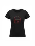 Black organic cotton women's t-shirt featuring a minimalist red line drawing of a vintage personal stereo with headphones, perfect for music fans and vinyl lovers.