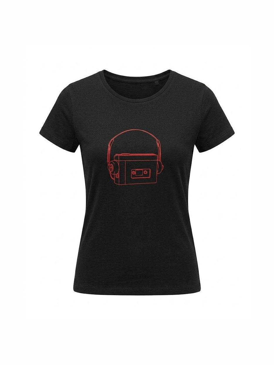 Black organic cotton women's t-shirt featuring a minimalist red line drawing of a vintage personal stereo with headphones, perfect for music fans and vinyl lovers.