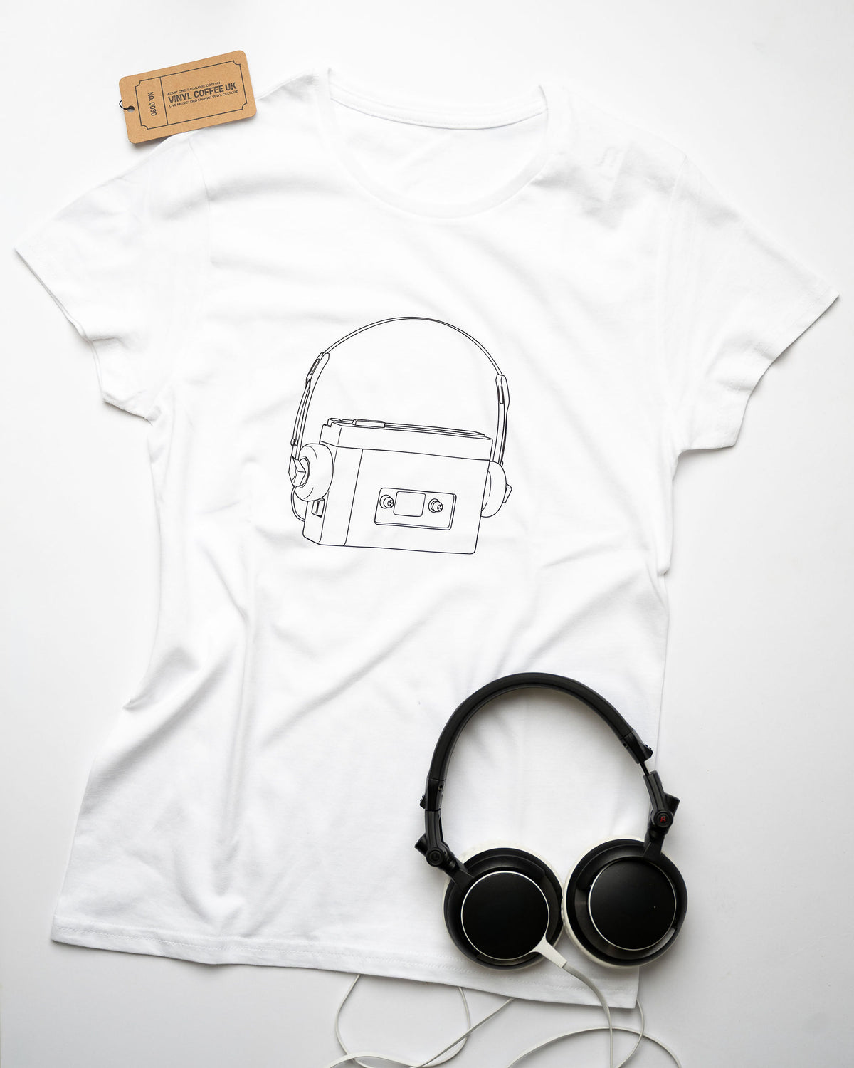 Women's white Personal Stereo T-shirt with headphones and Vinyl Coffee UK tag.